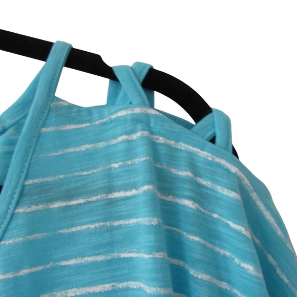 Exertek Turquoise Blue White Striped Short Sleeve Tee XL Cutout Shoulder Stretch - Picture 4 of 8